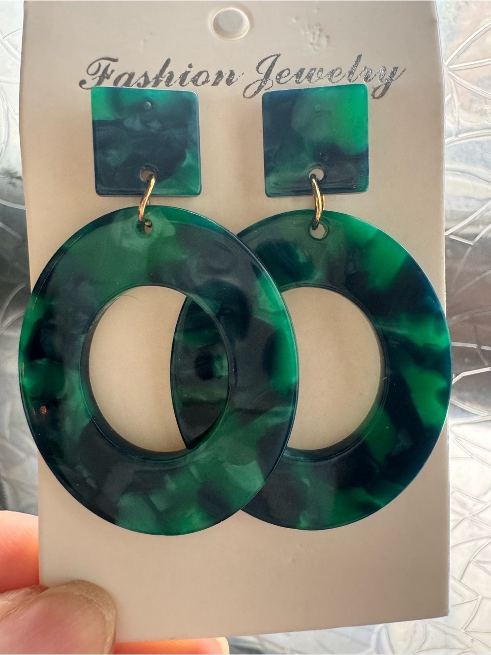 Fashion Jewelry Dark Green & Teal Marbled Hoop Drop Earrings - Picture 1 of 4